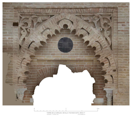 Alminar de la mezquita almohade de Sevilla, alzado E, arco del nivel 1