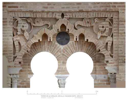 Alminar de la mezquita almohade de Sevilla, alzado E, arco del nivel 3