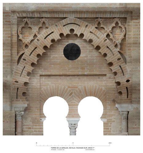Alminar de la mezquita almohade de Sevilla, alzado S, arco del nivel 1