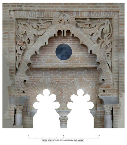 Alminar de la mezquita almohade de Sevilla, alzado S, arco del nivel 2