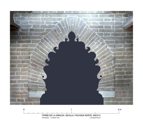 Alminar de la mezquita almohade de Sevilla, alzado N, arco del nivel 0