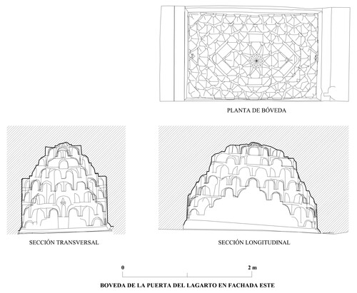 Planta y secciones de la bóveda de mocárabes de la puerta del Lagarto de la mezquita almohade de Sevilla