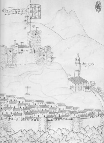 Vista del castillo de Mértola con la mezquita desde el sur