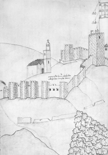 Vista del castillo de Mértola con la mezquita desde el norte