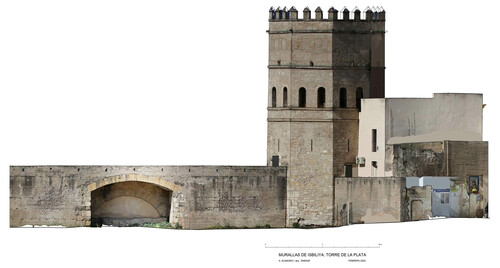 Alzado este con ortoimagen de la Torre de la Plata de Sevilla