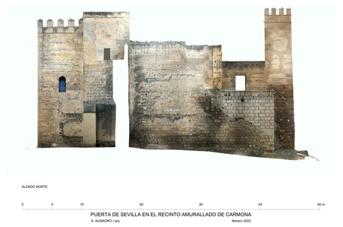 Alzado norte de la Puerta de Sevilla en Carmona con ortoimagen