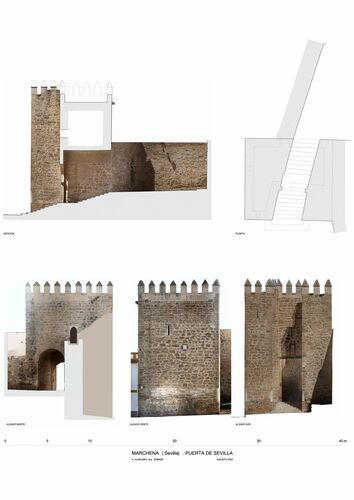 Planta, alzados y sección de la puerta de Sevilla en Marchena