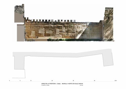 Planta y alzado de la muralla norte del recinto de Jerez en la calle Ancha