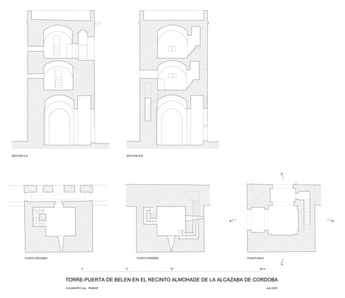 Plantas y secciones de la torre-puerta de Belén en el recinto almohade de la alcazaba de Córdoba