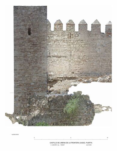 Alzado este de la puerta del castillo de Jimena de la Frontera con ortoimagen