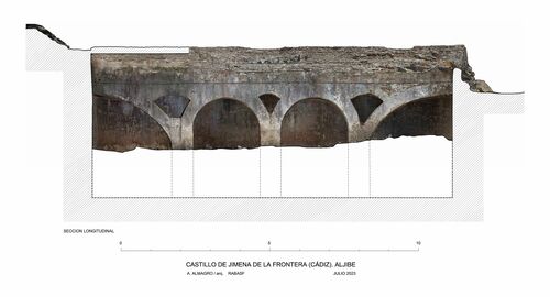 Sección longitudinal del aljibe del castillo de Jimena de la Frontera con ortoimagen