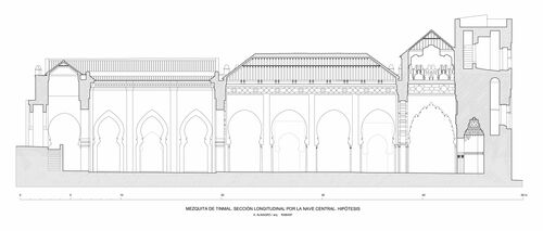 Sección longitudinal hipotética de la mezquita de Tinmal