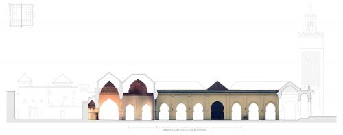 Sección longitudinal de la mezquita de la  de Marrakech por el eje norte-sur