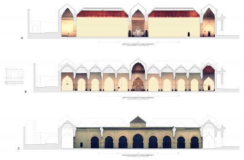 Secciones transversales de la mezquita de la qasba de Marrakech con ortoimágenes