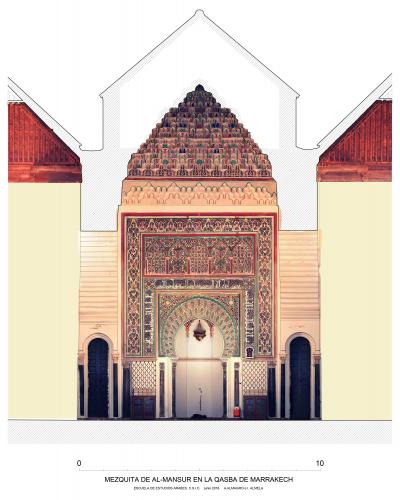 Frente del mihrab de la mezquita de la qasba de Marrakech con ortoimagen