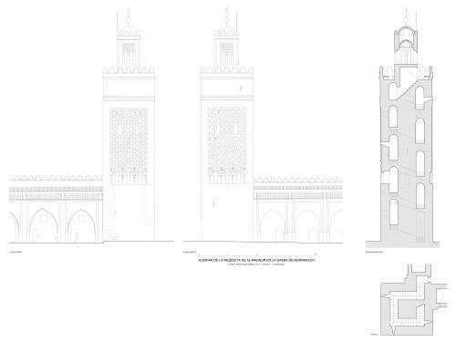 Alzados norte  y oeste, planta y sección norte-sur del alminar de la mezquita de la qasba de Marrakech 