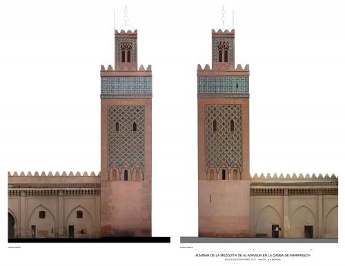 Ortoimágenes de los alzados norte y oeste del alminar de la mezquita de la qasba de Marrakech  