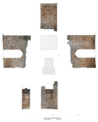 Planta y alzados de la torre albarrana 2 de la alcazaba de Mérida