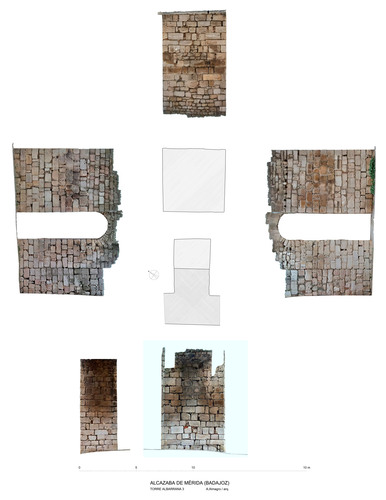 Planta y alzados de la torre albarrana 3 de la alcazaba de Mérida