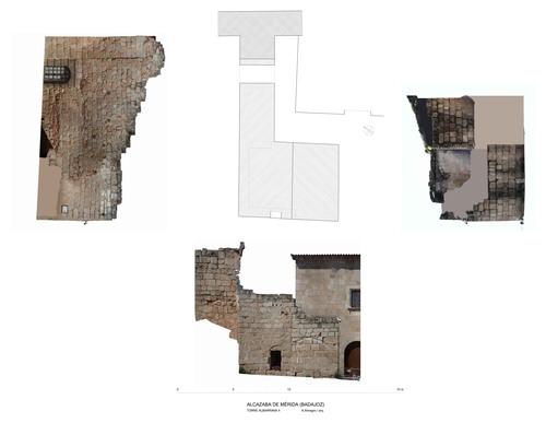 Planta y alzados de la torre albarrana 4 de la alcazaba de Mérida