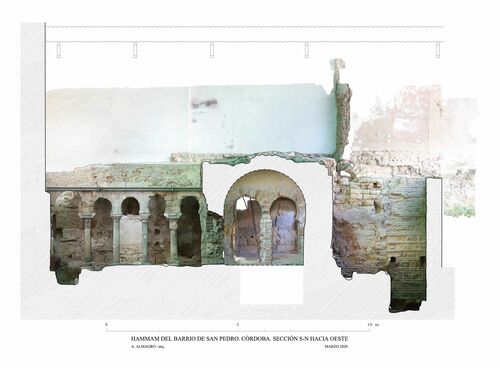 Sección actual sur-norte del hammam del barrio de San Pedro de Córdoba con ortoimagen