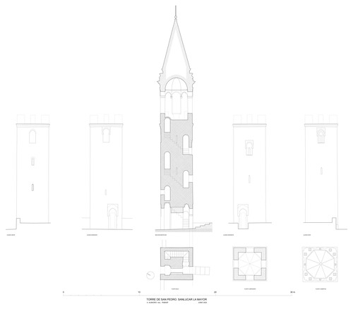 Plantas, sección y alzados del alminar junto a la iglesia de San Pedro en Sanlucar la Mayor