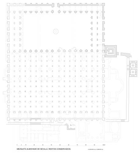 Planta de los restos de la mezquita con la silueta de la catedral gótica