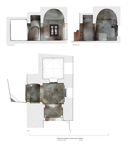 Planta y secciones de la puerta del Atambor de Sevilla con ortoimágenes
