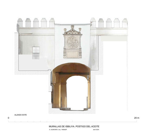 Alzado este del postigo del Aceite de la muralla de Sevilla con ortoimagen
