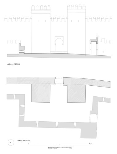 Planta baja y alzado hipotéticos del postigo del Aceite del recinto amurallado de Sevilla