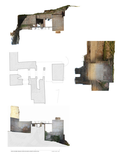 Planta y alzados del estado actual de la estructura de la puerta del castillo de Reina