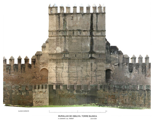 Alzado noreste con ortoimagen de la Torre Blanca de Sevilla