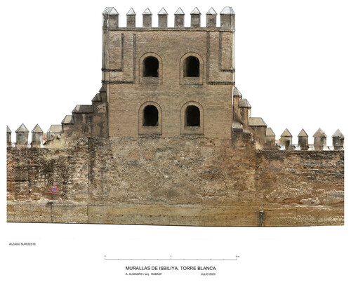 Alzado suroeste con ortoimagen de la torre Blanca de Sevilla