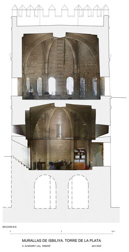 Sección norte-sur de la Torre de la Plata de Sevillacon ortoimagen