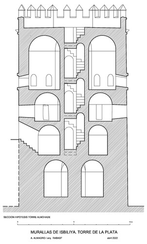 Sección hipotética norte-sur de la torre almohade de la Plata de Sevilla