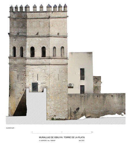 Alzado sur con ortoimagen de la torre de la Plata de Sevilla