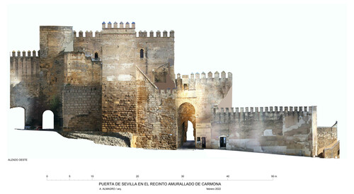 Alzado oeste de la Puerta de Sevilla en Carmona con ortoimagen