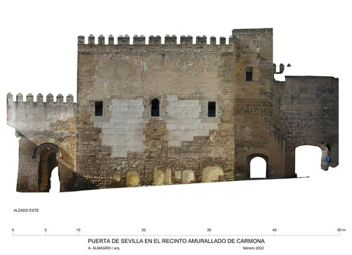 Alzado este de la Puerta de Sevilla en Carmona con ortoimagen
