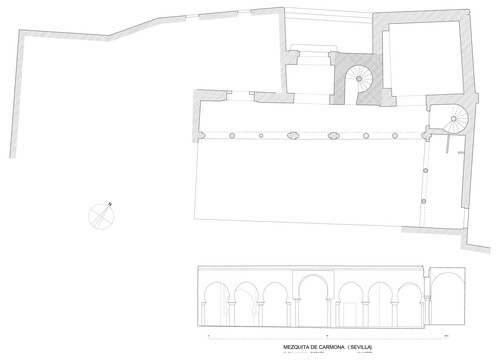 Planta y alzado del patio de la mezquita de Carmona en la actual iglesia de Santa María