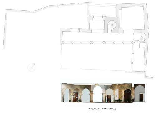 Planta y alzado del patio de la mezquita de Carmona en la actual iglesia de Santa María con ortoimagen