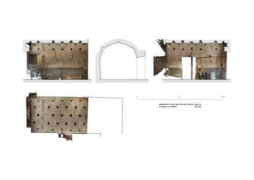 Planta y secciones de la sala fría del hammam de Diego de Corral con ortoimagenes