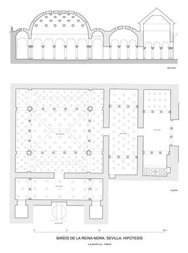 Planta y sección hipotéticas del hammam de la calle Baños de Sevilla