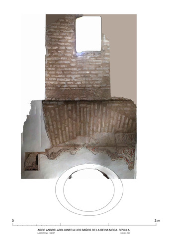 Restos del arco angrelado junto al baño de la Reina Mora de Sevilla con ortoimagen