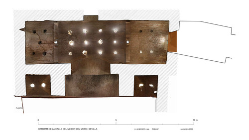 Planta de los restos del hammam de la calle Mesón del Moro de Sevilla con ortoimágen de las bóvedas