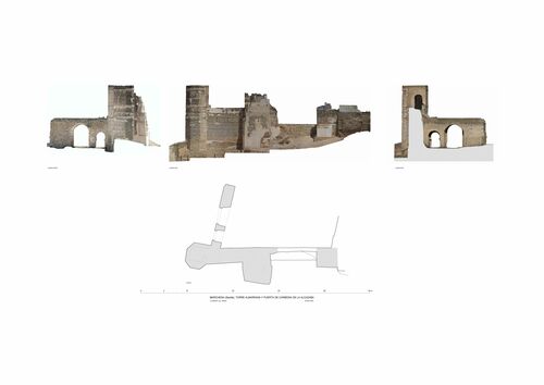 Planta y alzados de la torre albarrana y puerta de Carmona de la alcazaba de Marchena