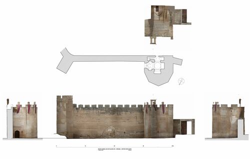 Planta y alzados del frente norte y puerta del Arquito Quemado del recinto amurallado de Palma del Río