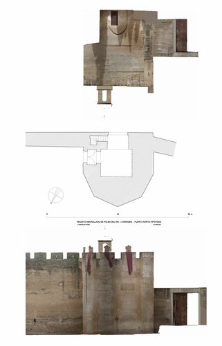 Planta hipotética y alzados de la puerta del Arquito Quemado del recinto amurallado de Palma del Río