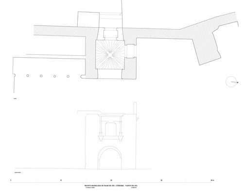 Planta y alzado de la puerta del Sol del recinto amurallado de Palma del Río