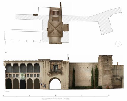 Planta y alzado con ortoimagen de la puerta del Sol del recinto amurallado de Palma del Río