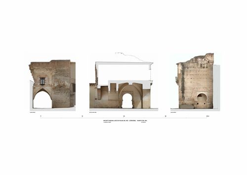 Alzados y sección con ortoimágenes de la puerta del Sol del recinto amurallado de Palma del Río